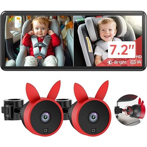 BV3 PRO Baby Car Camera for 2 Kids - 7.2" Large HD Display Dual Channel Baby Monitor, 1080P IR Night Vision Car Seat Camera, Easy Install Rear-Facing View – Ideal for Kids and Pet Safety