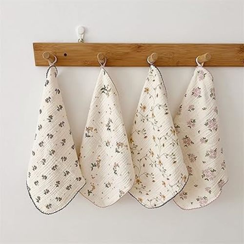BuLuTu 4 Pack Cotton Muslin Cleaning Towels Shabby Chic Floral Washcloths for Home Kitchen, 11x11 Inches, Super Absorbent Multi-Purpose Cleaning Rags Durable Dish Rags