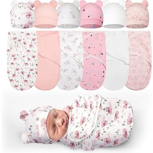 Ramede 6-Pack Preemie Baby Swaddle Blankets with Hats, Breathable 100% Cotton Baby Swaddles, Suitable for Preemie Babies and Newborns, Soft Cotton, Adjustable(Bear,Pink)