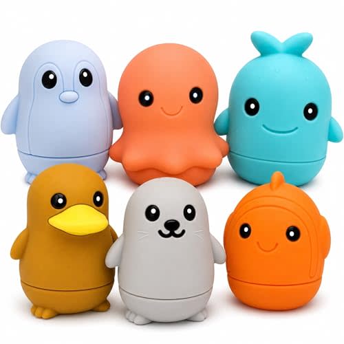 Silicone Bath Toys, Opens for Cleaning, Baby Bath Toys 9M+, Toddler Bath Toys 1-3, Bathtub Toys, Ocean Friends 6-Piece Set