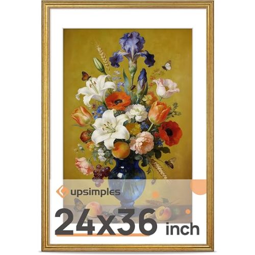 upsimples Vintage 24x36 Poster Frame, Antique Gold Frames Display 20x30 with Mat or 24x36 Without for Vertical or Horizontal Wall Decor, 1pack