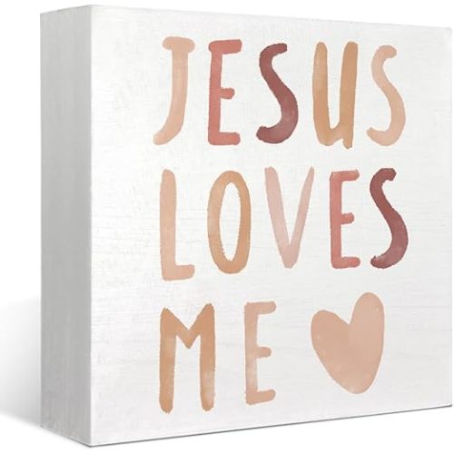 Baby Girls Nursery Decor - Jesus Loves Me Christian Gifts Wood Sign Wall Art Decoration, Boho Neutral Bible Verse Kids Boys bookshelf Decorations, Toddler Girls Room Decor 5x5