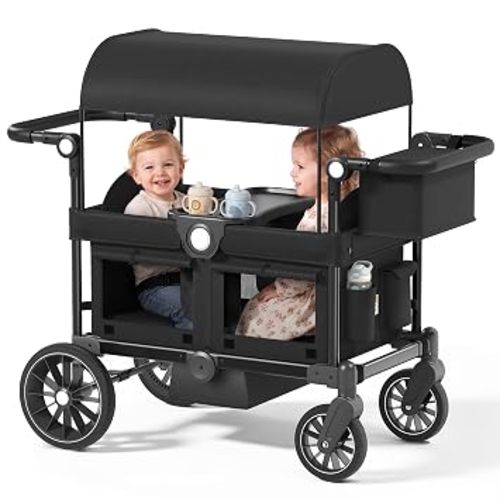 Kinder King Folding Wagon Stroller for 2 Kids, Shock-Absorbing Wheel, Black