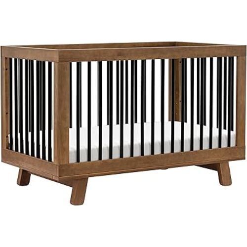 Babyletto Hudson 3-in-1 Convertible Crib with Toddler Bed Conversion Kit in Natural Walnut/Black, Greenguard Gold Certified