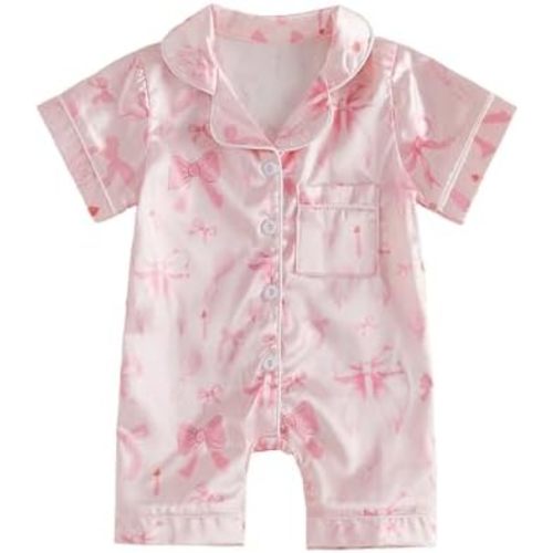 fyclemt Newborn Baby Girl Birthday Pajamas Silk Stain Pjs Cake Bow Balloons Short Sleeve Romper One Piece Jumpsuit Sleepwear