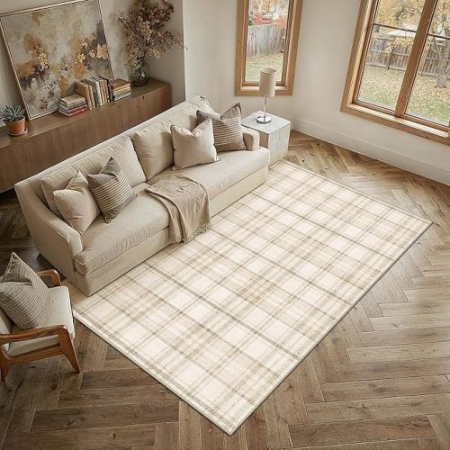 5x7 Beige Plaid Living Room Area Rug