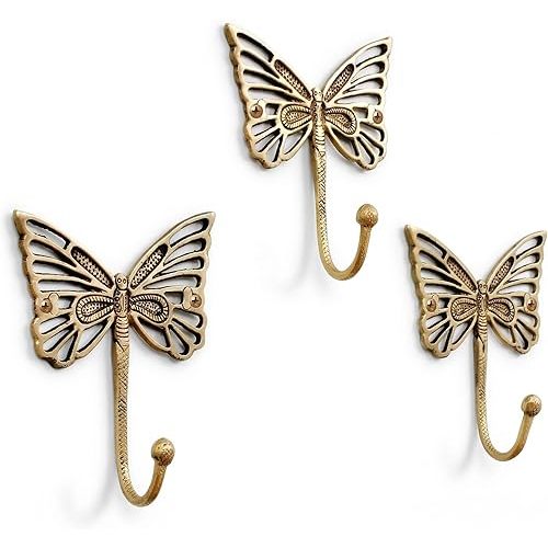 Indian Shelf Solid Brass Butterfly Wall Hooks - Vintage Gold - Decorative - Heavy Duty Hangers for Coats, Backpacks - Pack of 3