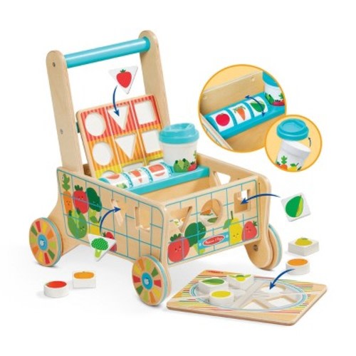 Melissa & Doug Wooden Shape Sorting Grocery Cart Push Toy and Puzzles: Educational Push and Pull Toy Set