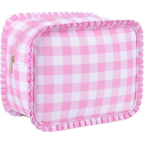 Pink Gingham Ruffle Makeup Bag Large Travel Cute Checkered Cosmetic Toiletry Bag with Zipper for Women Girls, Toiletry Pouch Make up Organizer Gift