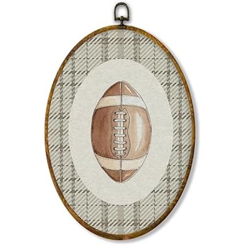 Hiuwevt Vintage Football Nursery Oval Wall Art Decor, Sports Framed Canvas Prints, Neutral Gingham Football Oval Wall Hanging Decor for Kids Boy Nursery Room Bedroom Decorations, 8.6x11.4 Inches