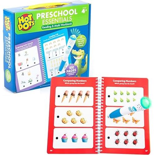 Educational Insights Hot Dots Preschool Essentials: Reading & Math Workbook - Preschool Workbooks with Interactive Pen, Homeschool Learning Books, Build Toddler Reading & Math Skills, Ages 4+