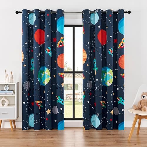 Kids Space Themed Blackout Curtains - 100% Blackout Perfect for Kids Room, Spark Kids Imagination with Vibrant Cosmos Designs, Noise Reduction, Thermal Insulated, (2 Panels W52×L84)
