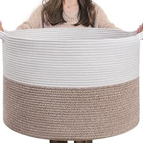 INDRESSME XXXLarge Cotton Rope Basket 21.7" x 21.7" x 13.8" Woven Baby Laundry Blanket Basket Toy Baskets with Handle Storage Comforter Cushions Thread Laundry Hamper Home Decor Living Room