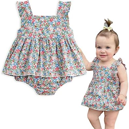 Simplee kids Baby Infant Girls Summer Romper Dress Summer Cotton Ruffle Sleeve Floral Onesie for 12 Months Yellow