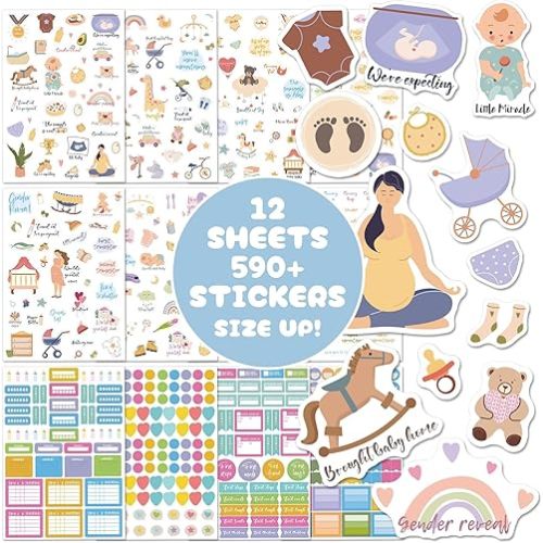 Baby Scrapbook Supplies - Baby Scrapbook Stickers - 12 Sheets/590+ Sticker - 6.7" x 9.5" - New Pregnancy & Baby's First Year Planner Sticker for Scrapbooking - Pregnancy Stickers for Scrapbooking