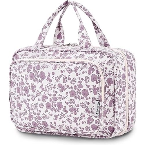 Narwey Travel Toiletry Bag for Women Large Hanging Makeup Bag Organizer Toiletries Bag for Full Size Essentials Accessories Cosmetics (Dusty Pink Flower (Large))