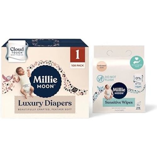 Milli Moon Luxury Cloud Touch Diapers (Size-1 and Count 108) & Sensitive Wipes of Embossed Cloth (3 Pack Each- 72count)