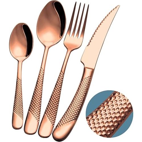 16-Piece ​Modern Copper Hammered Silverware Set with Ultra Sharp 2-IN-1 Serrated Knife, Rose Gold 18/10 Stainless Steel Flatware Set, Utensil Cutlery Set for 4 Person, Forks Spoons Knives Set