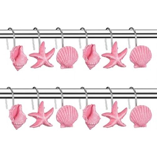 Sliner 12 Pcs Seashell Shower Curtain Hooks Decorative Shower Curtain Hooks Seashell Sea Starfish Conch, Anti Rust Proof Bath Showers Hangers for Bathroom Ocean Coastal Tropical Beach Decor(Pink)