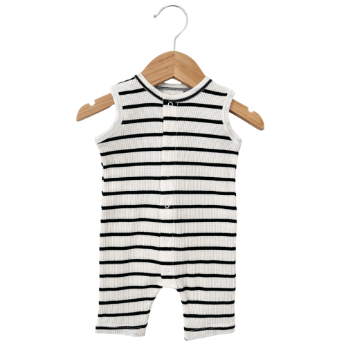 Organic Waffle Easy Romper, Black Stripe