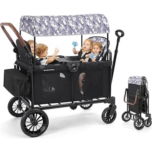 ELEMARA Wagon Stroller 4 Seater, Premium Stroller Wagon for 4 Kids, Foldable All-Terrain Wagon for Kids with Canopy, Adjustable Push/Pull Handles,Convertible High Seat&Organizer, Black+Purple