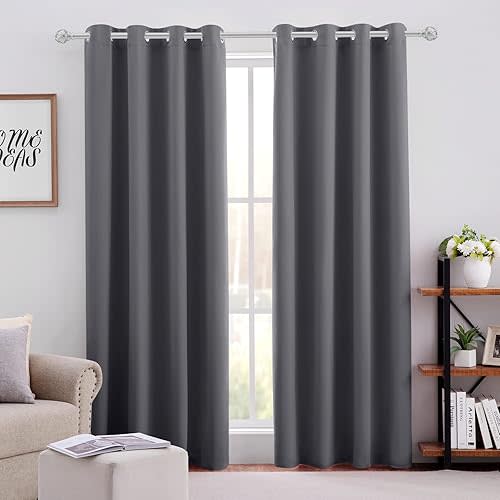 HOMEIDEAS Grey/Gray Blackout Curtains for Bedroom 52 X 84 Inch Long 2 Panels Set Room Darkening Curtains/Drapes, Soundproof Thermal Grommet Window Curtains for Living Room