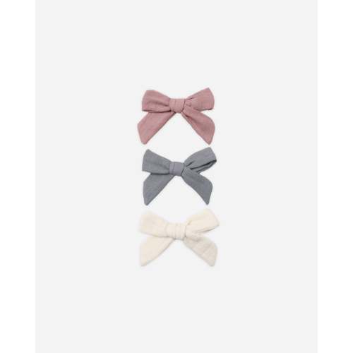 Bow W. Clip, Set Of 3 Cloud, Blue Gingham, Dusty Rose