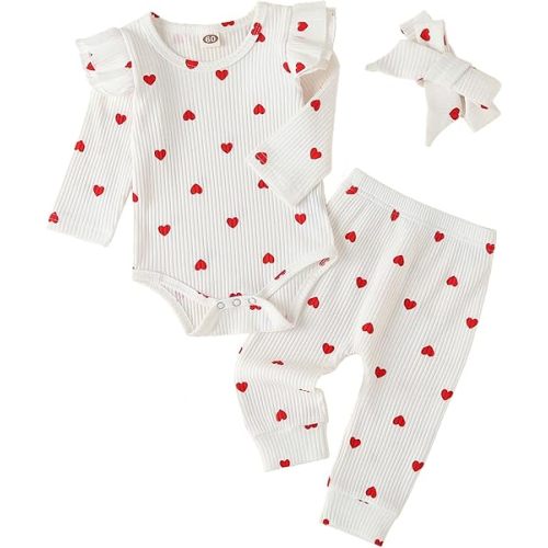 Fullfamous Baby Girl's 3pc Rib Frill Long Sleeve Romper and Pant Set