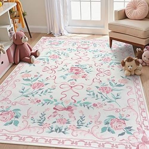 Collive Pink Floral Rugs for Bedroom Girls, 5x7 Bow Nursery Rug for Dorm Washable Area Rug for Living Room, Cute Ultra-Thin Non Slip Indoor Decor Carpet for Kids Room Playroom (Pink 5' x 7')