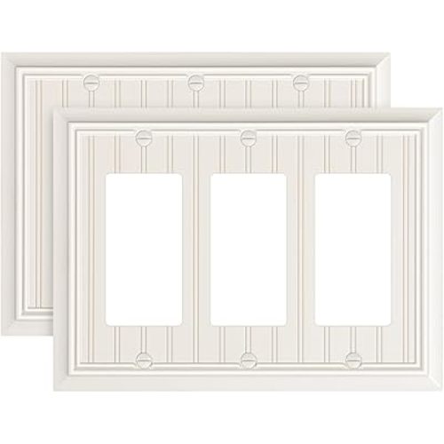 2-Pack Classic Beadboard Decorative Tripple Decorator Outlet Cover Plate, Durable Natural Bamboo Fiber Light Almond Wall Plate for Electrical Outlets, Receptacle, GFCI Outlet, Dimmer Switch, 3-Gang