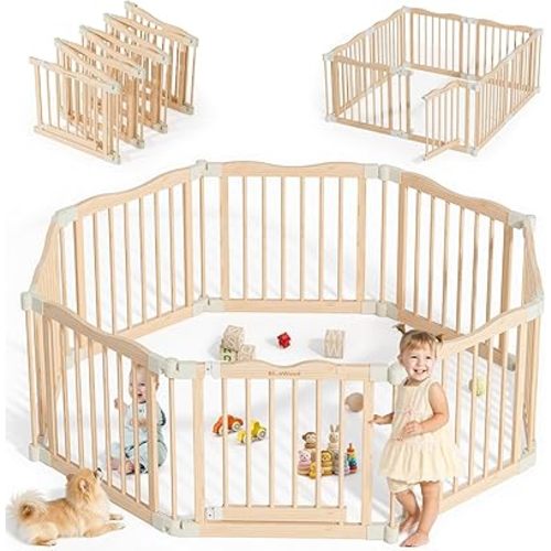 Foldable Wooden Playpen - Adjustable Wood Baby Play Yard with Child-Proof Lock, Indoor Large Safety Fence for Babies and Toddlers - Easy Assembly, 8 Panels, Nature Nest