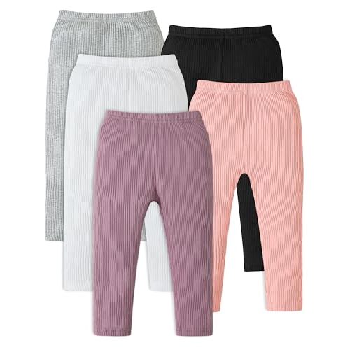 5 Pack Baby Girl Pants: Infant Solid Ribbed Pants Soft Cotton Pull On Leggings for Toddler 0-48 Months