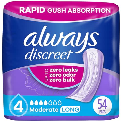 Always Discreet Adult Incontinence Pads for Women, Moderate Absorbency, Long Length, Postpartum Pads, 54 Count