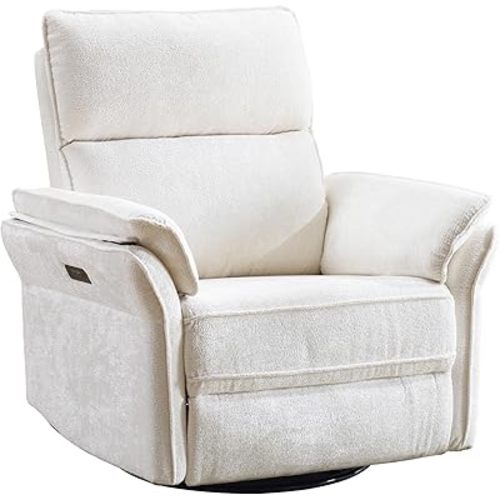 Power Swivel Rocker Recliner, Glider Recliner Nursery Chair with Massage and Heat, Nursery Rocking Chairs with Adjustable Headrest for Living Room，USB Ports,Side Pockets,Chenille White