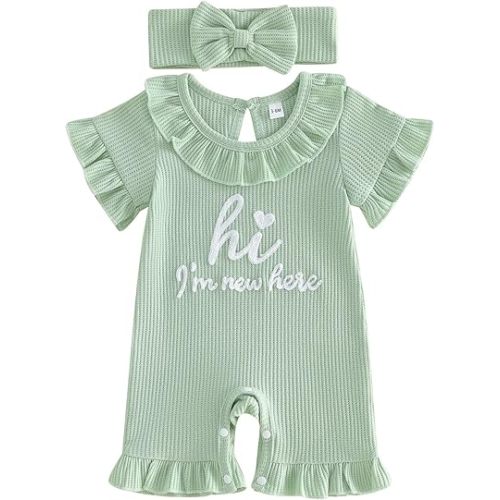 Amnnchya Newborn Girls Clothes Waffle Ruffle Short Sleeve Summer Romper One Piece Jumpsuit Baby Girl Coming Home Outfit