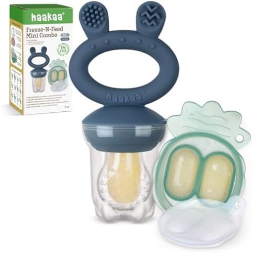 Haakaa Baby Fruit Food Feeder & Mini Freezer Nibble Tray Combo, Breastmilk Popsicle Molds for Baby Cooling Relief, BPA Free Silicone Feeder for Safe Infant Self Feeding, 4 Month+ (Steel Blue)