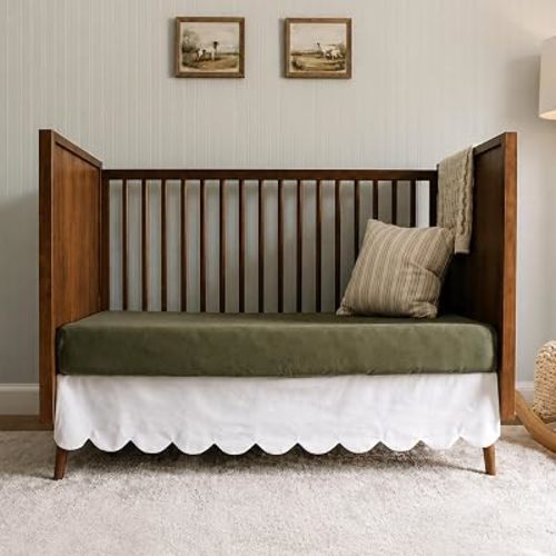 White Crib Skirt, Crib Bed Skirt, Two-Sided Scalloped, 16in Drop