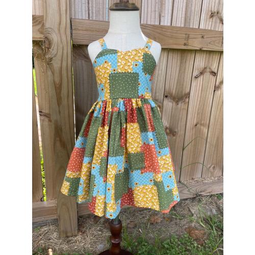 Patchwork Toddler Dress, Floral Girl Sundress, Handmade Cotton Summer Dress, Vintage Style Girls Clothing, Faux Patchwork Dress, Sunflower