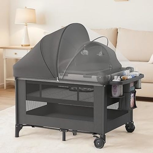 4-in-1 Baby Bassinet with Playard, Sleeper Nest, Changing Table, Mosquito Net & Canopy, Storage and Toys for Newborn to Toddler
