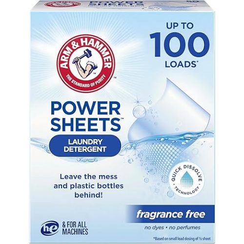 ARM & HAMMER Power Sheets Laundry Detergent, Fragrance Free, Dermatologist Tested Concentrated Laundry Detergent Sheets, 50 Count, up to 100 Small Loads