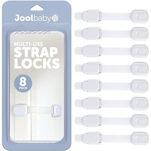 Jool Baby Child Safety Strap Locks (8 Pack) Baby Proof Cabinets, Drawers, Fridge, Toilet & Trash Cans – 3M Adhesive Childproof Locks