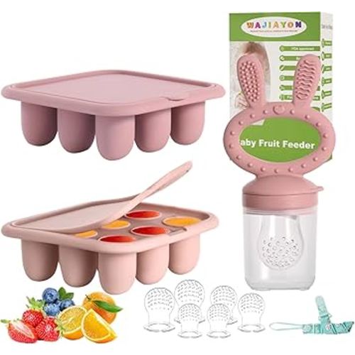 WAJIAYON Baby Breastmilk Popsicle Molds & Baby Fruit Feeder (3 Pack), Baby Food Freezer Tray Storage Containers, Silicone Teething Pacifier Feeder and Teether for Babies,Baby Feeder-Pink