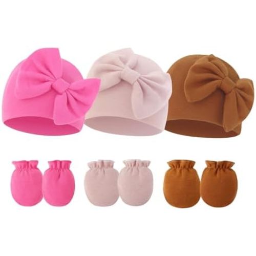 Fecawd Newborn Baby Hats Mittens Sets Bow Infant Caps Gloves No Scratch Mitten Beanie Set for 0-6 Months Girls(Brown)