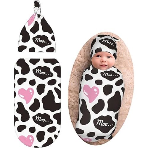 Cow Print Baby Stuff Newborn Swaddle Blankets Pink Heart Baby Wrap Blanket Soft Stretchy Sleep Sack with Beanie Hat Sets Gifts for Infant Boy Girl