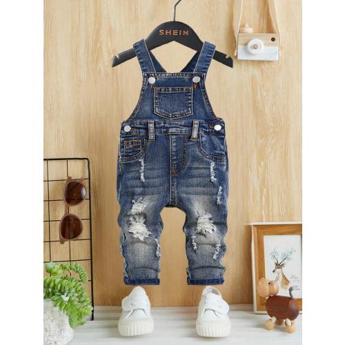SHEIN Toddler/Baby Boys' Casual Distressed Retro Vintage Washed Ripped Frayed High Stretch Slim Fit Blue Denim Overalls Jumpsuit,Leisure And Versatile For Baby Fall/Winter Outdoor Wear Clothes Outfits