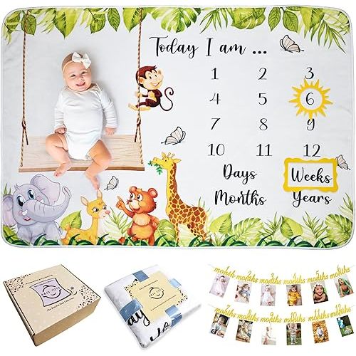 A&JS Tots Baby Monthly Milestone Blanket for Boy or Girl, Gender Neutral Gift for Babies Shower, First Year Baby Growth Blanket, Photo Banner for Pictures Includes, Soft Flannel Wrinkle Free 60"x40"