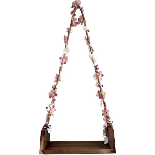 TOOYFUL Wooden Swings Seats for Newborn Boys Girls Photography Props, with Flower Ropes Hanging Swing Seat for Baby Memorable Photo Shooting-Coffee