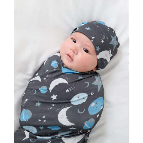 Blue To The Moon & Back Swaddle & Beanie Set | Little Sleepies
