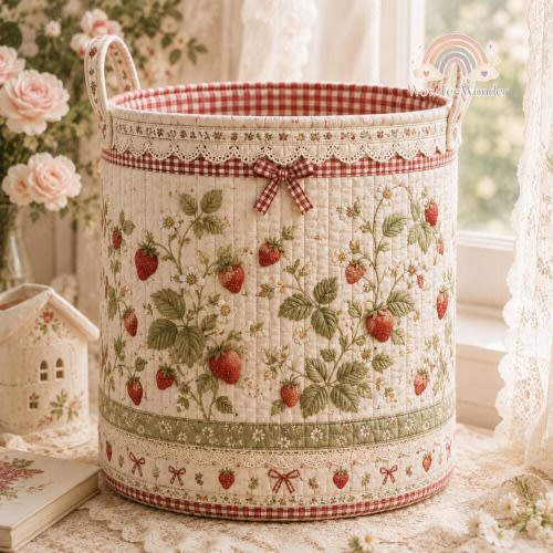 Strawberry Quilted Laundry Basket, Cottagecore Floral Storage Bin, Vintage Strawberry Hamper, Farmhouse Blanket Basket, Spring Home Decor