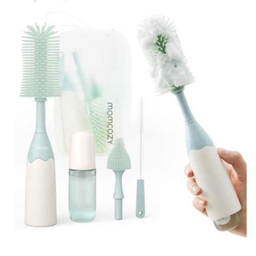 Momcozy Bottle Brush Kit, Innovative Push-Press Design for Better Cleaning - Baby Bottle Cleaner Brush for Baby Bottle, Breast Pumps, Nipples, and More - Can Generate Foam for Better Cleaning, Green